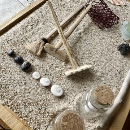 kit jardín zen marino artesanal con arena de playa y fragmentos del Mediterráneo